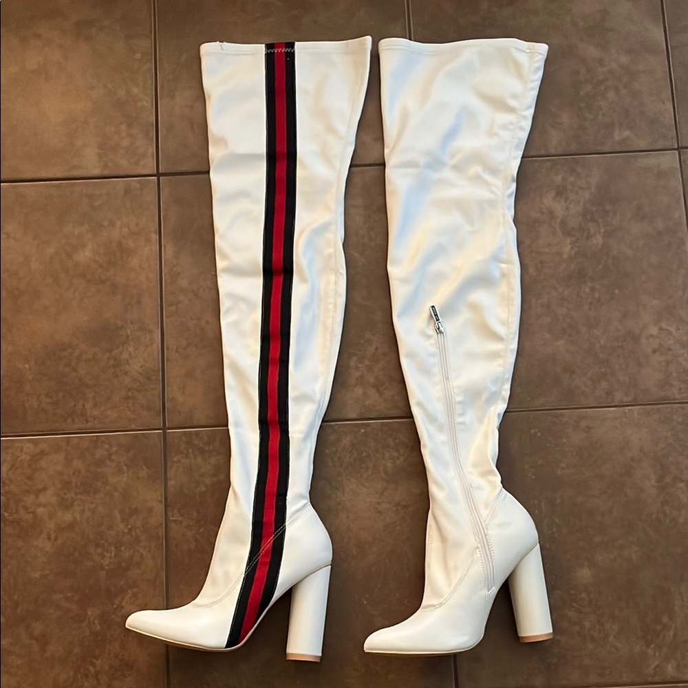 White Over-the-Knee Boots with Red and Black Stripe